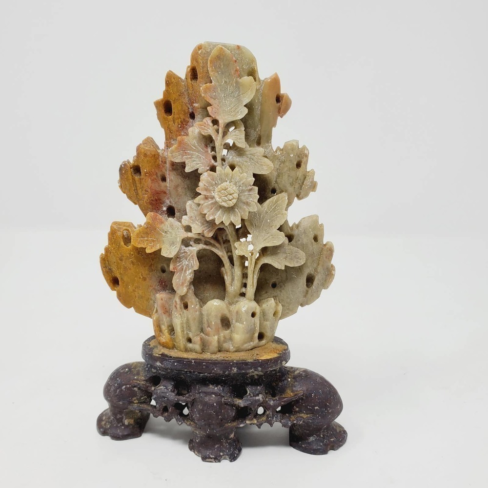 Vintage Soapstone Carved  Floral Sculpture Oriental Chinese